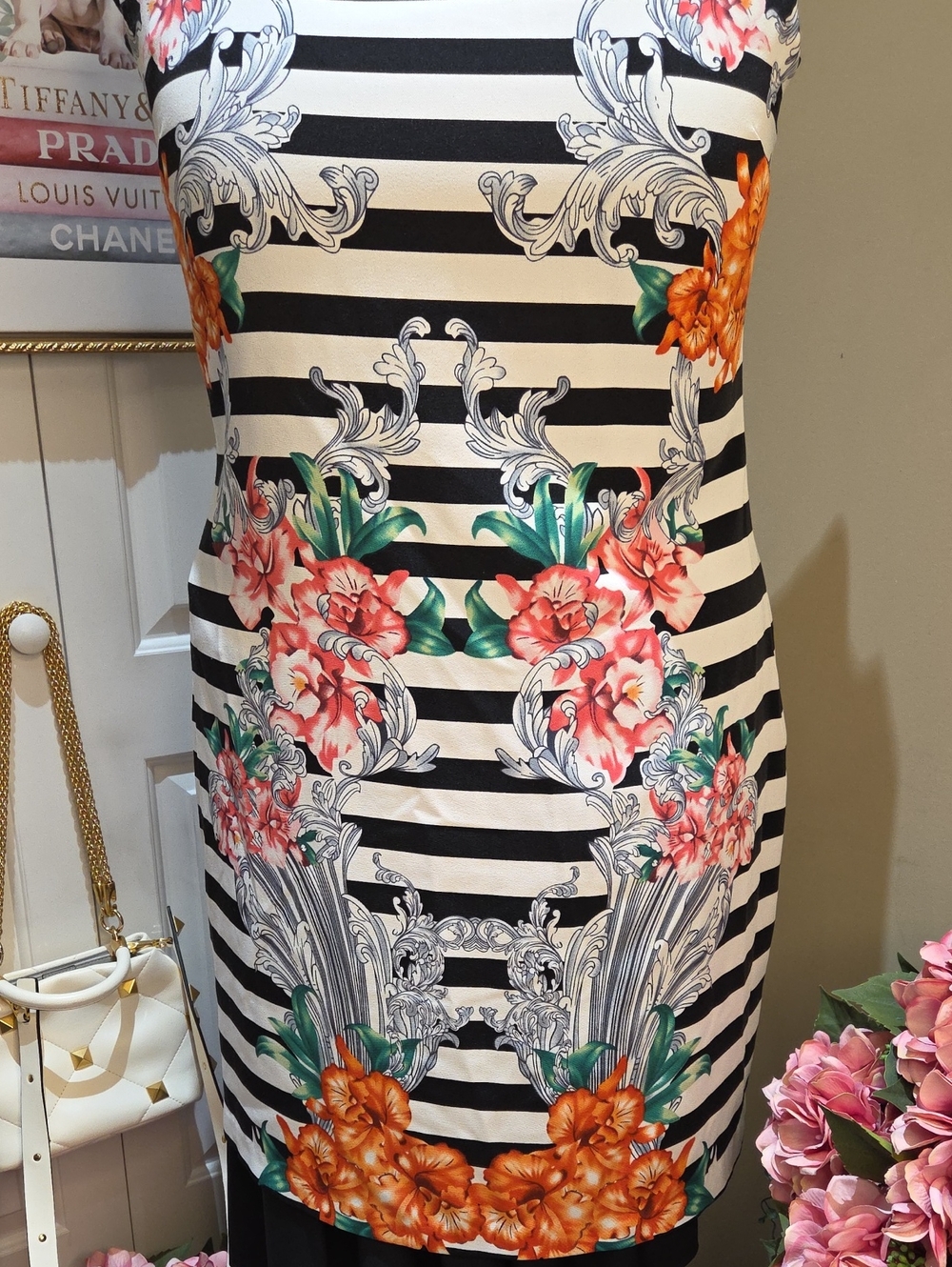 Nwot 16 Voir Voir Black & White Striped Midi Dress with Orange and Pink Floral - Picture 6 of 17